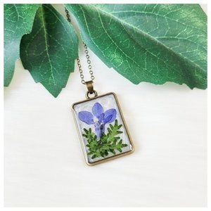 Floral Pendant Necklace Blue and Green Pressed Dried Flower and Leaves Pendant